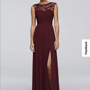 David’s Bridal Long Bridesmaid Dress with Lace Bodice in Wine - Size 18